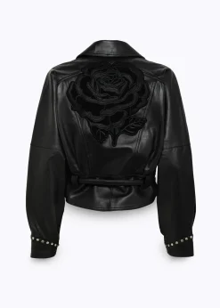 LEATHER JACKET WITH ROSE EMBROIDERY AND RIVETS