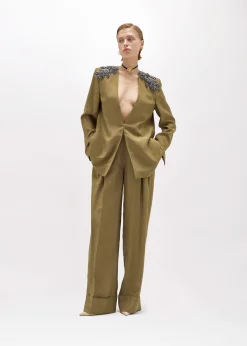 LINEN BLEND OVERSIZED BLAZER JACKET WITH PATCH
