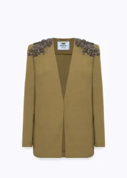 LINEN BLEND OVERSIZED BLAZER JACKET WITH PATCH