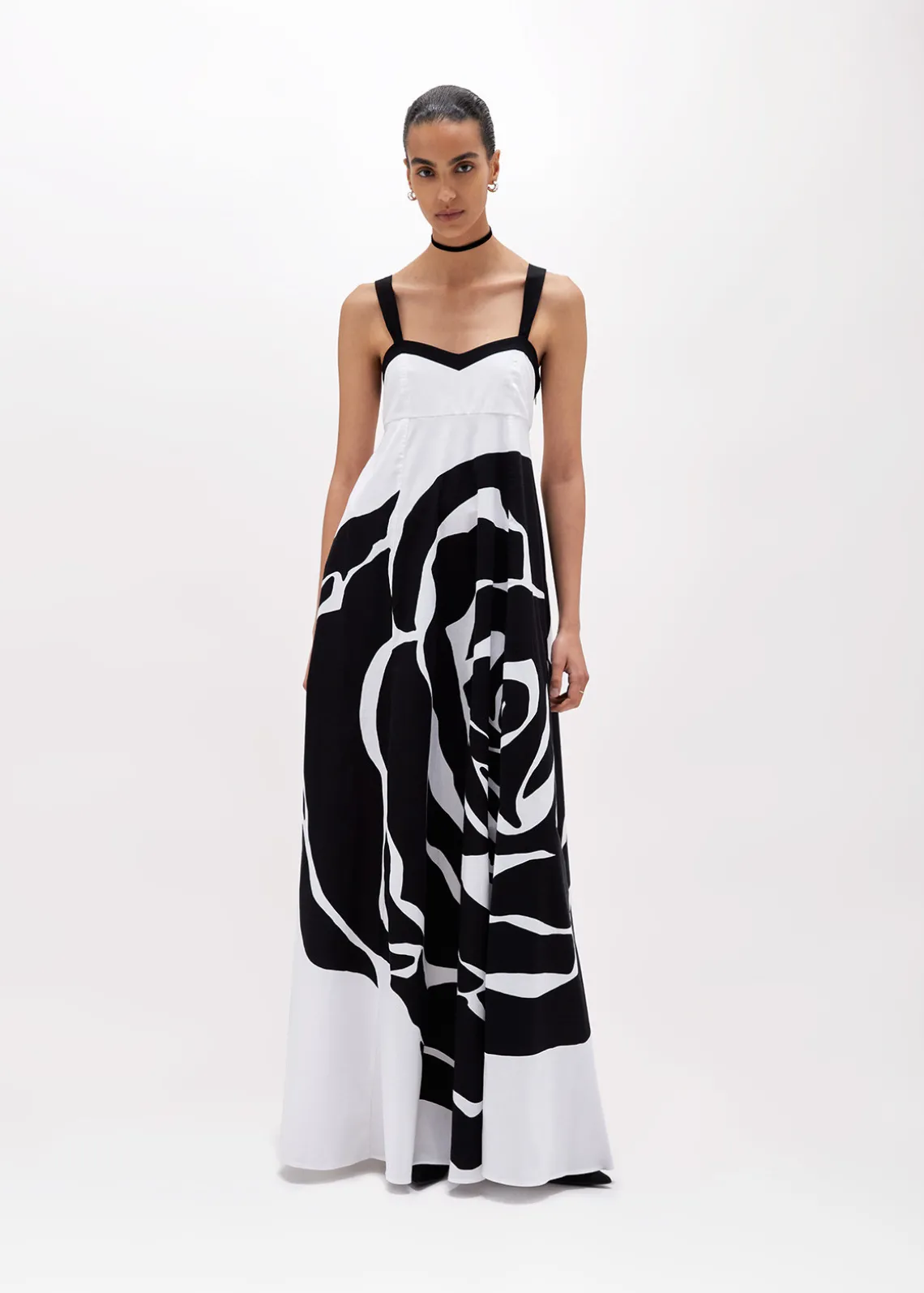 LONG POPLIN DRESS WITH ROSE DECORATION