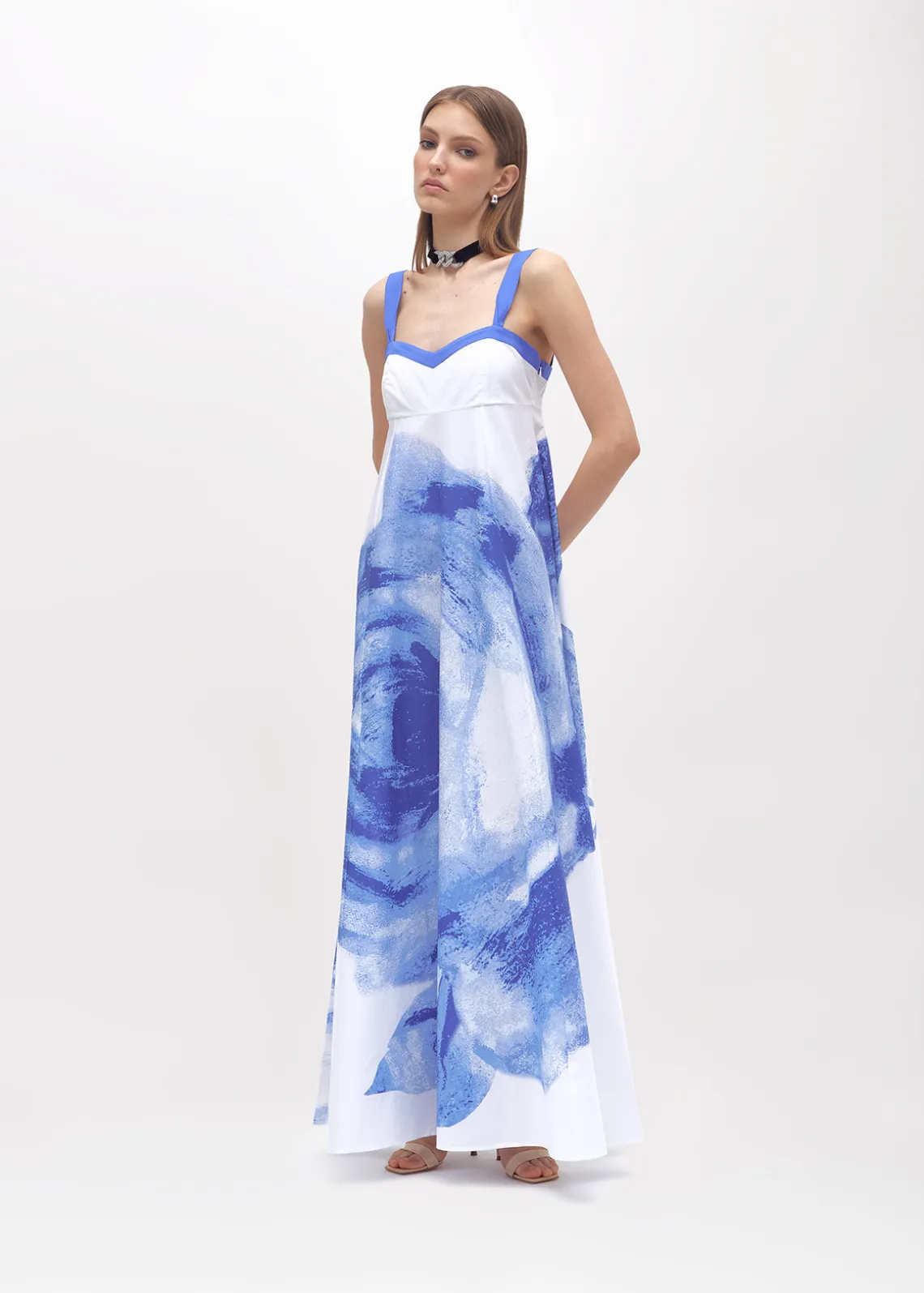 LONG POPLIN DRESS WITH ROSE DECORATION