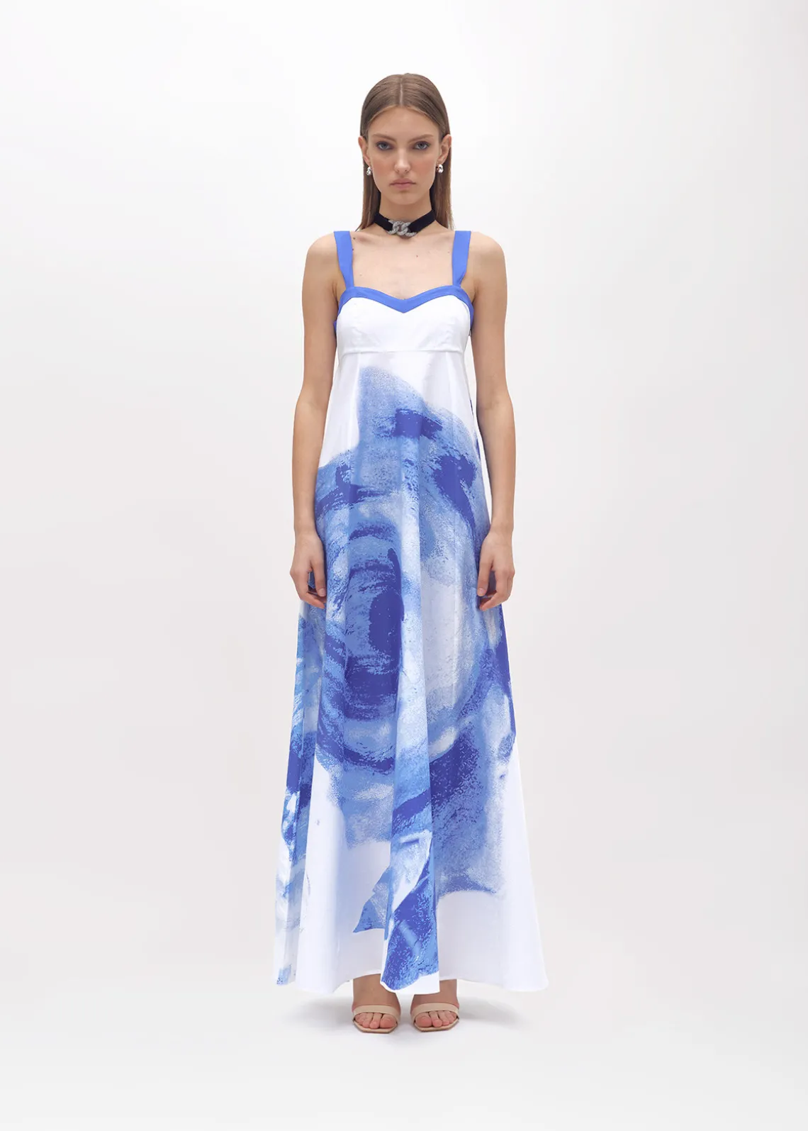LONG POPLIN DRESS WITH ROSE DECORATION