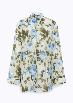 OVERSIZED RUFFLED SHIRT IN SILK WITH ROSE PRINT
