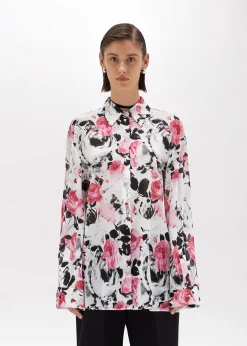 OVERSIZED RUFFLED SHIRT IN SILK WITH ROSE PRINT