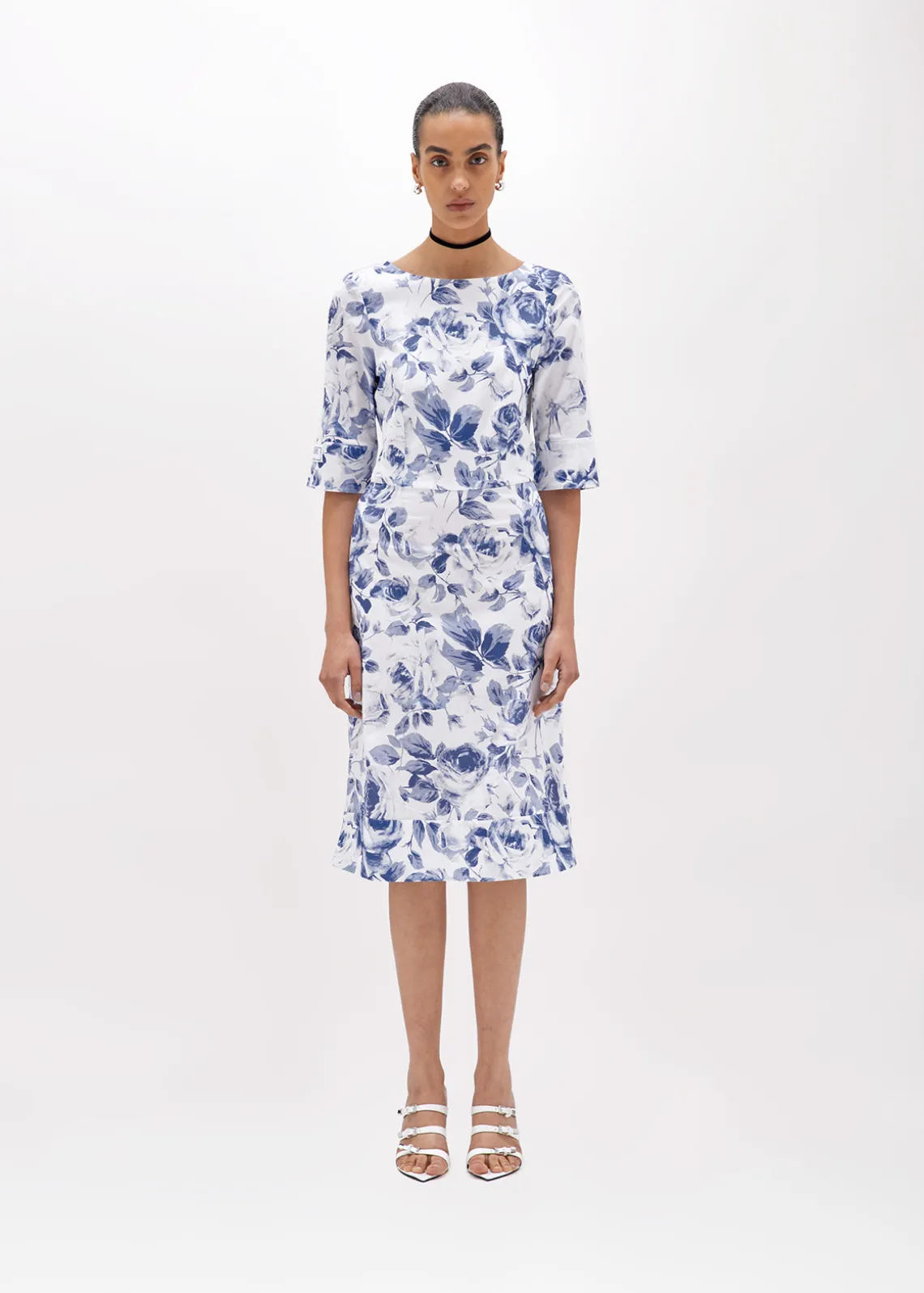 POPLIN LONGUETTE DRESS WITH ROSE PRINT
