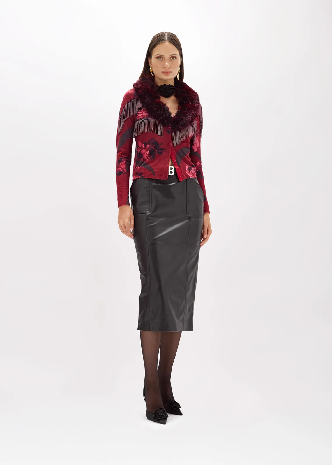 PRINTED CARDIGAN WITH COLLAR IN FAUX FUR