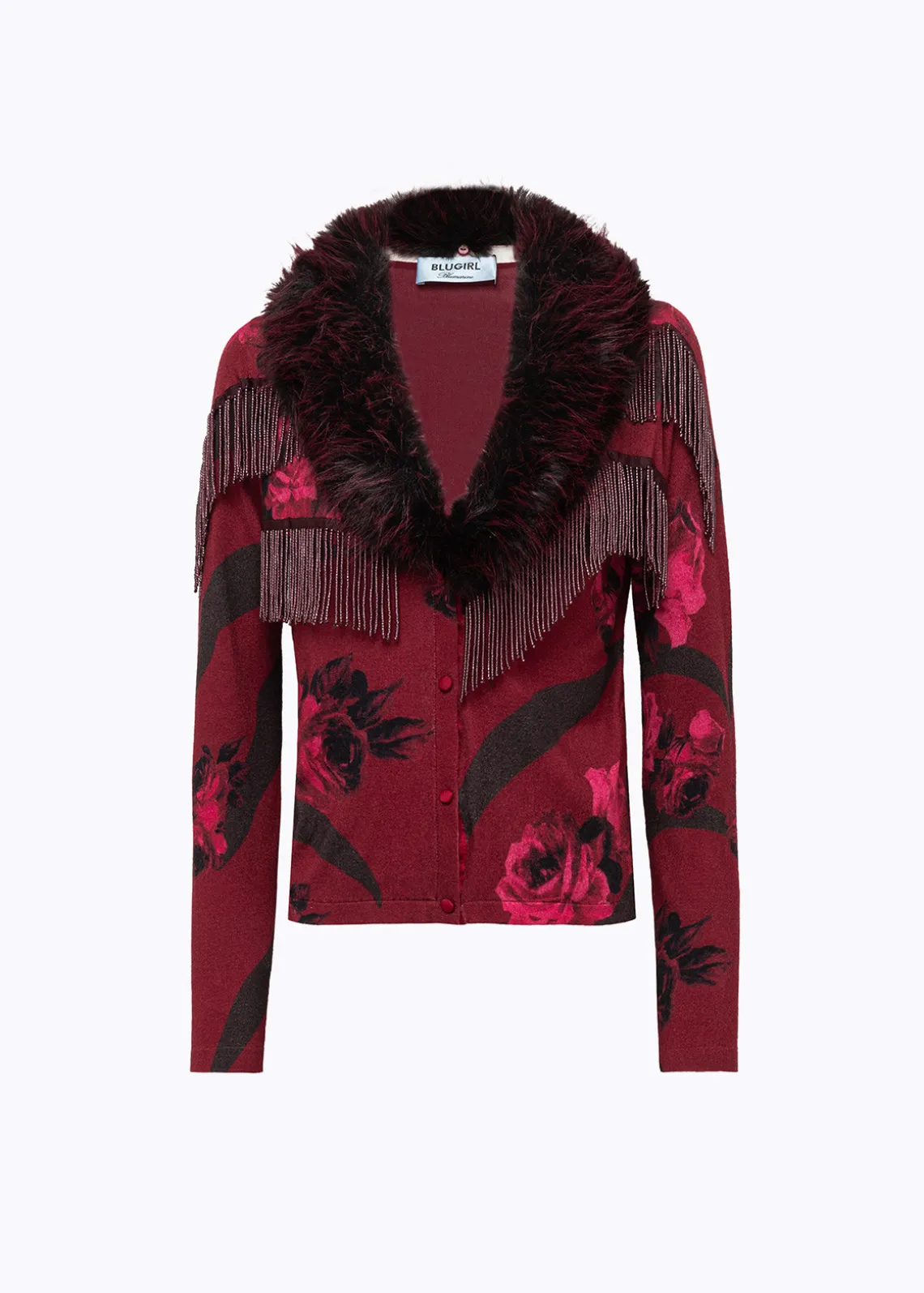 PRINTED CARDIGAN WITH COLLAR IN FAUX FUR