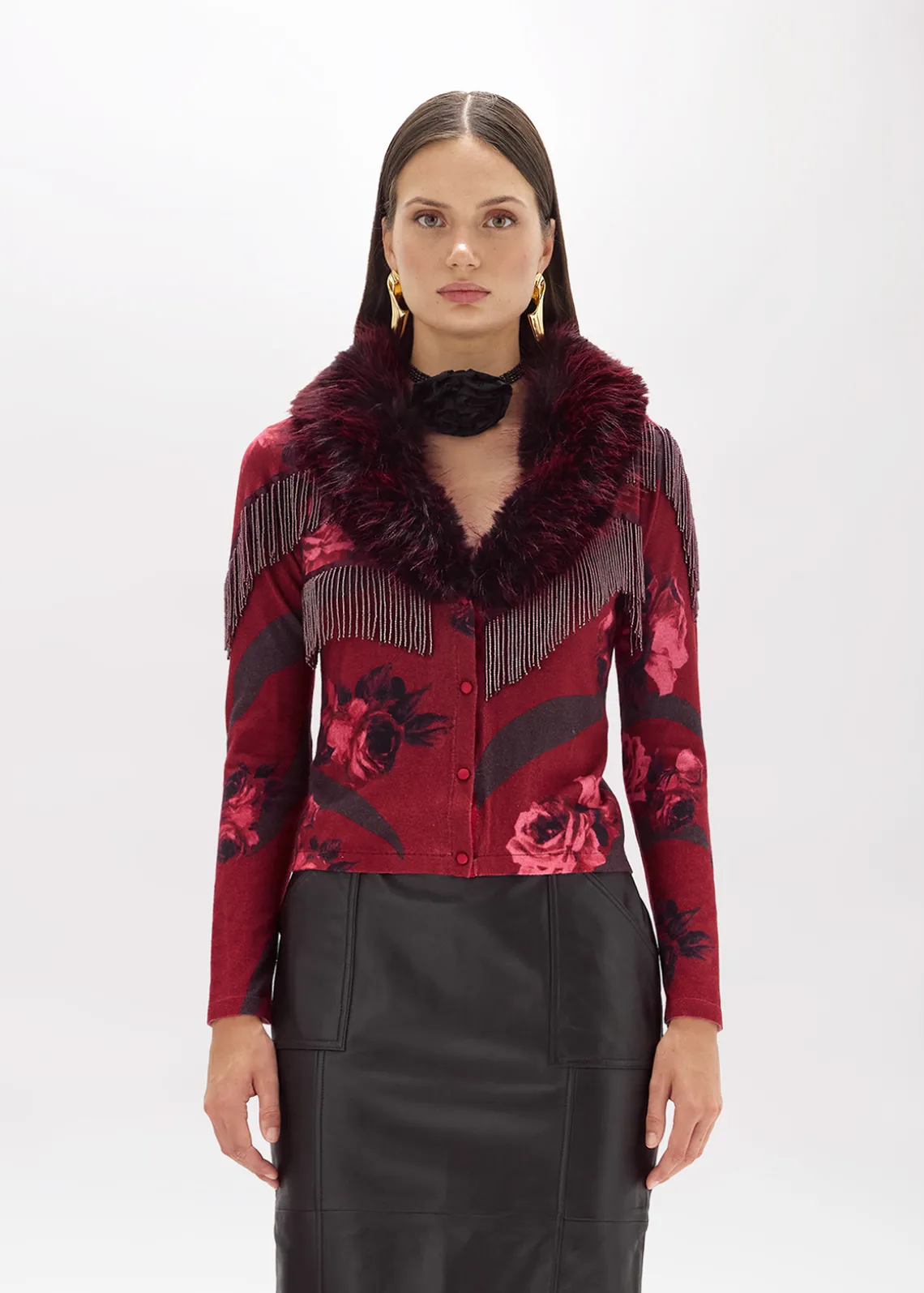 PRINTED CARDIGAN WITH COLLAR IN FAUX FUR