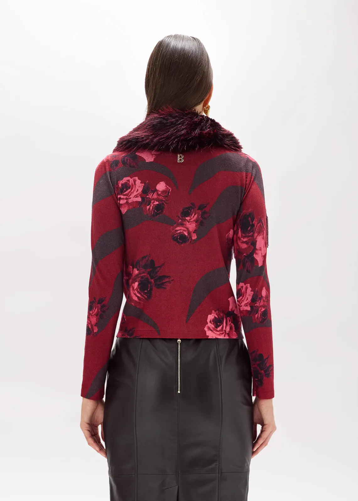 PRINTED CARDIGAN WITH COLLAR IN FAUX FUR