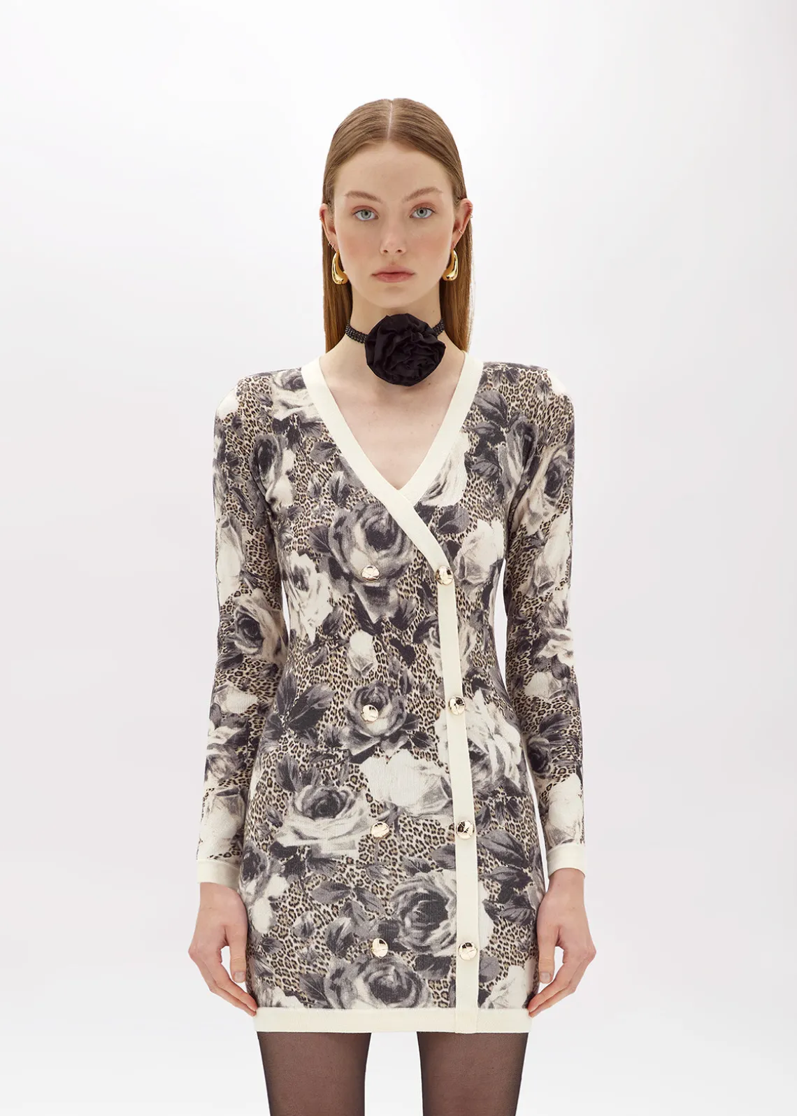 PRINTED KNIT DOUBLE-BREASTED DRESS