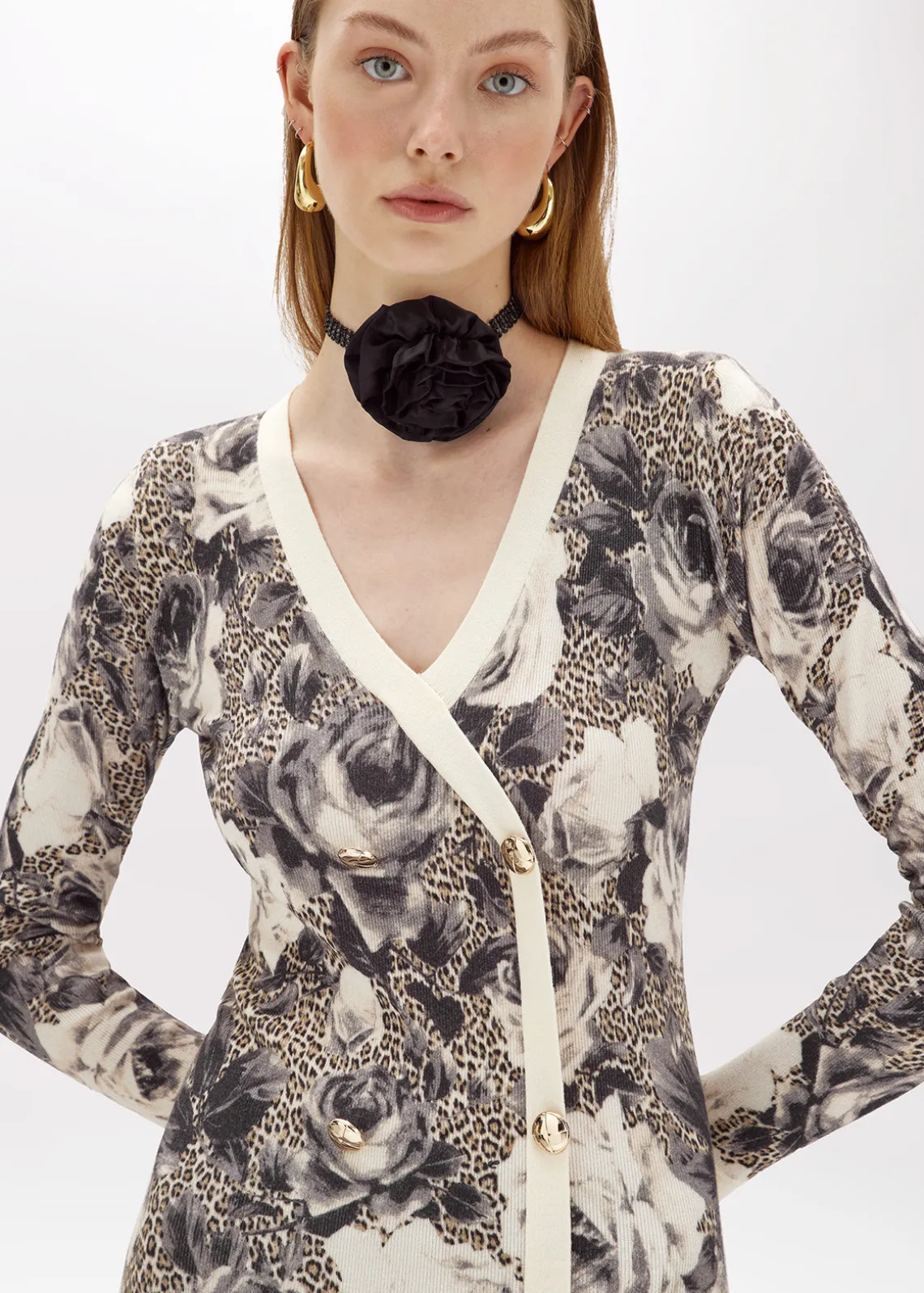 PRINTED KNIT DOUBLE-BREASTED DRESS