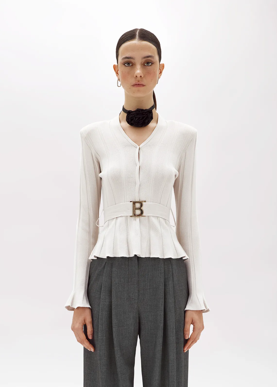 RIBBED CARDIGAN WITH LOGO BELT
