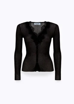 RIBBED COTTON CARDIGAN WITH LACE TRIM