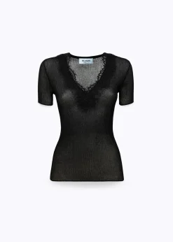 RIBBED SWEATER WITH LACE TRIM