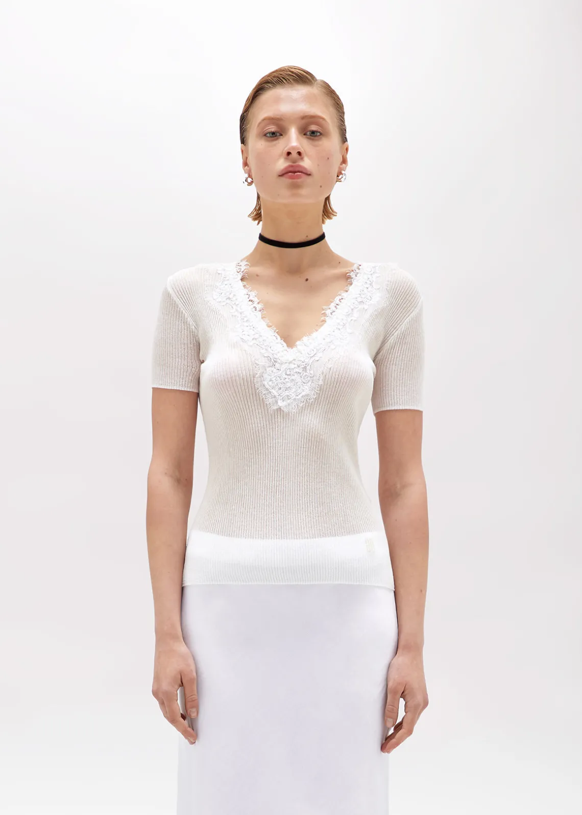 RIBBED SWEATER WITH LACE TRIM