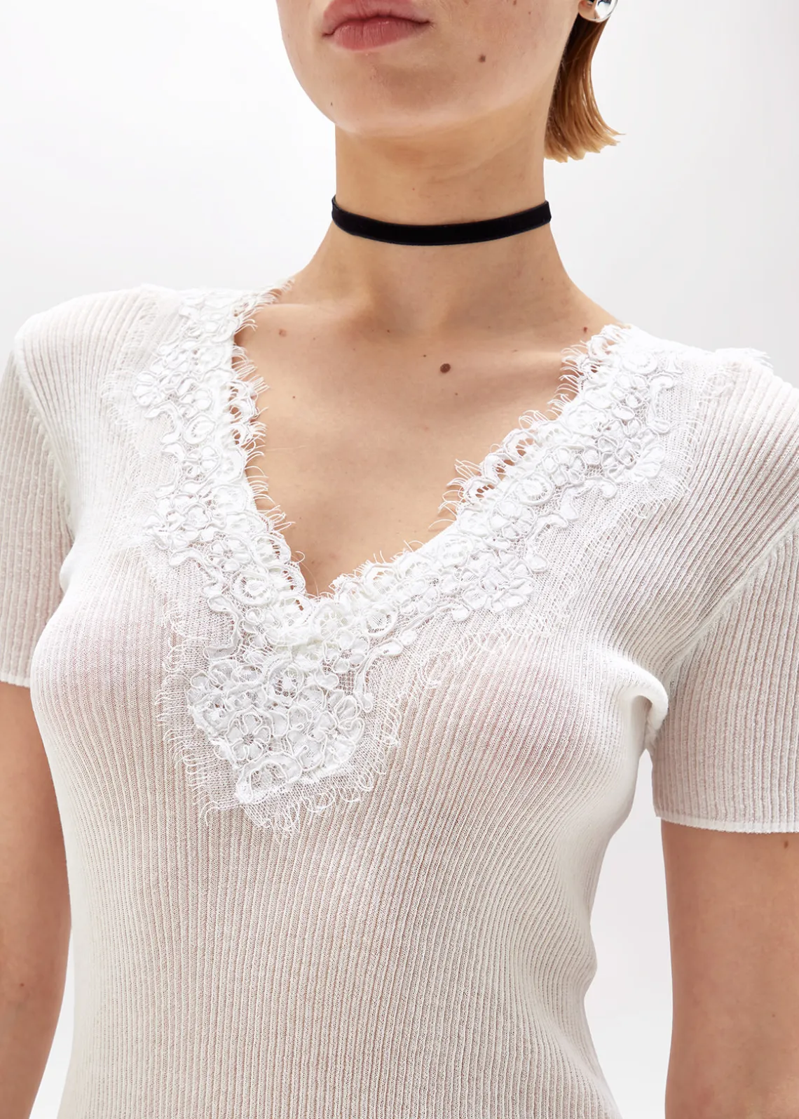 RIBBED SWEATER WITH LACE TRIM