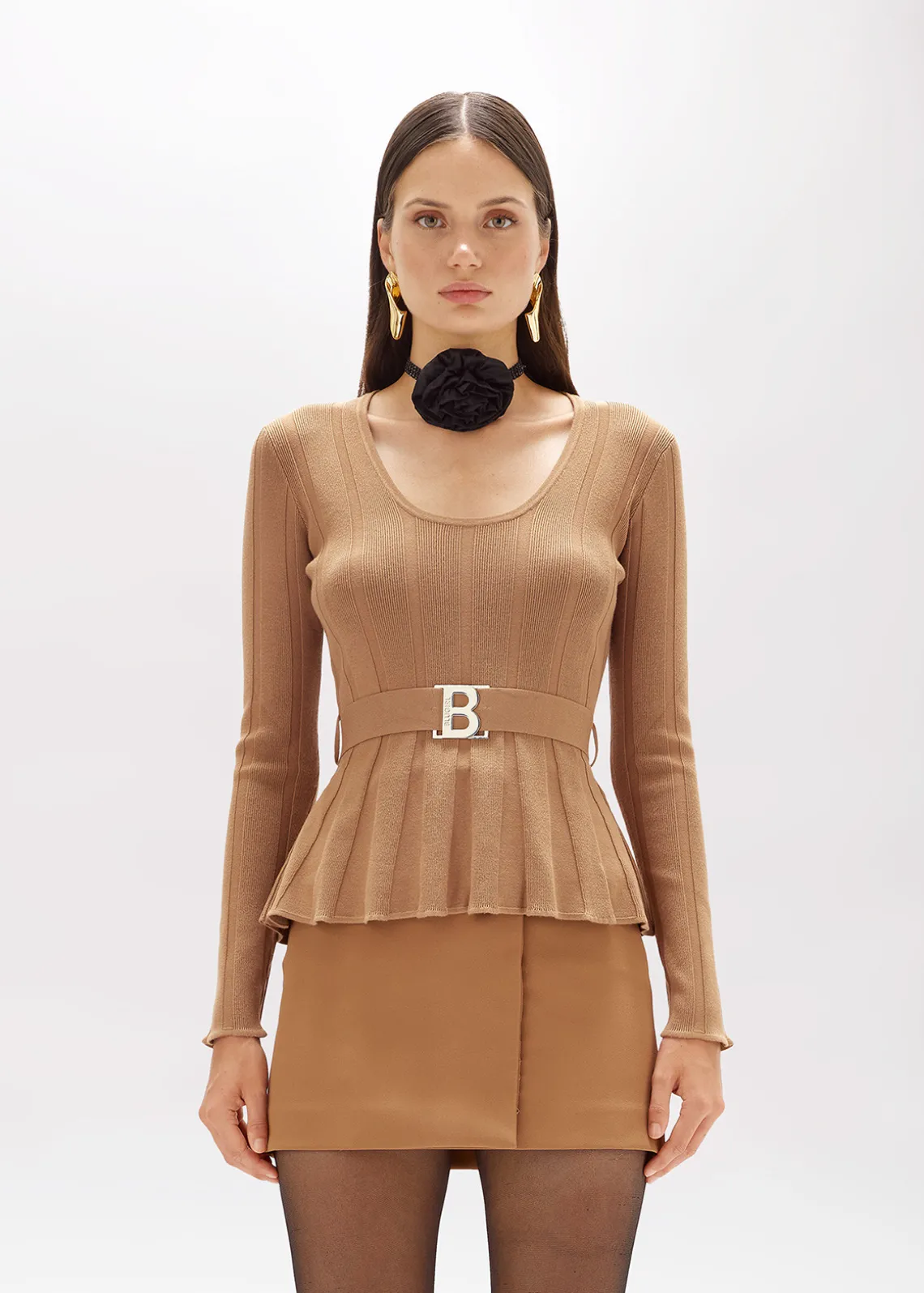 RIBBED SWEATER WITH LOGO BELT