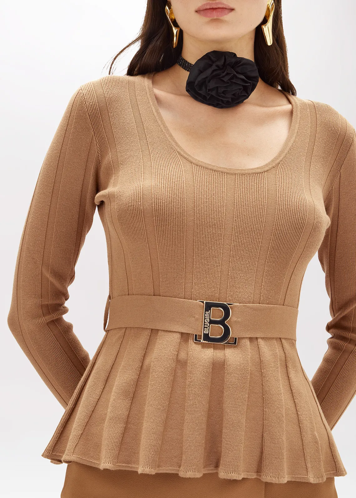 RIBBED SWEATER WITH LOGO BELT