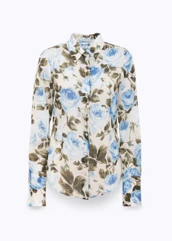ROSE PRINT RUFFLED SILK SHIRT