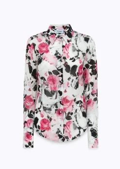 ROSE PRINT RUFFLED SILK SHIRT