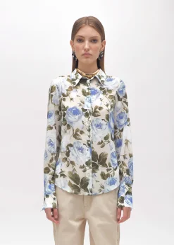 ROSE PRINT RUFFLED SILK SHIRT
