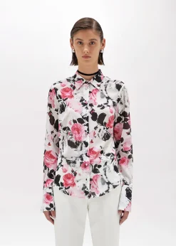 ROSE PRINT RUFFLED SILK SHIRT