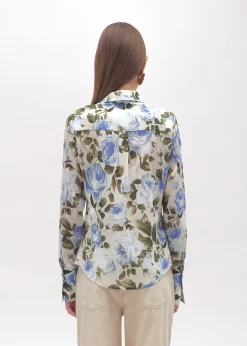 ROSE PRINT RUFFLED SILK SHIRT