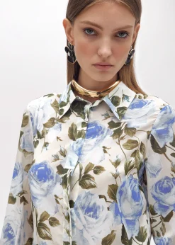 ROSE PRINT RUFFLED SILK SHIRT