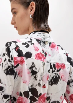 ROSE PRINT RUFFLED SILK SHIRT