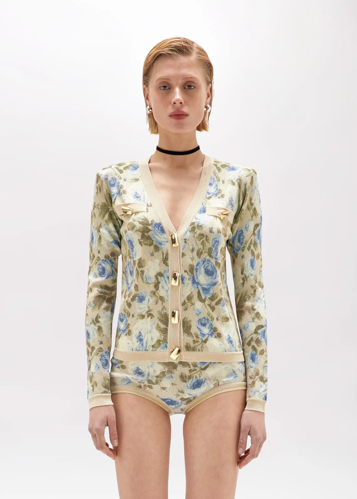 ROSE PRINT VISCOSE LUREX CARDIGAN