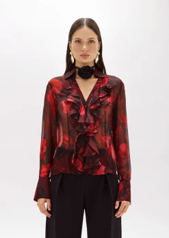 SILK-BLEND RUFFLE SHIRT WITH ROSES