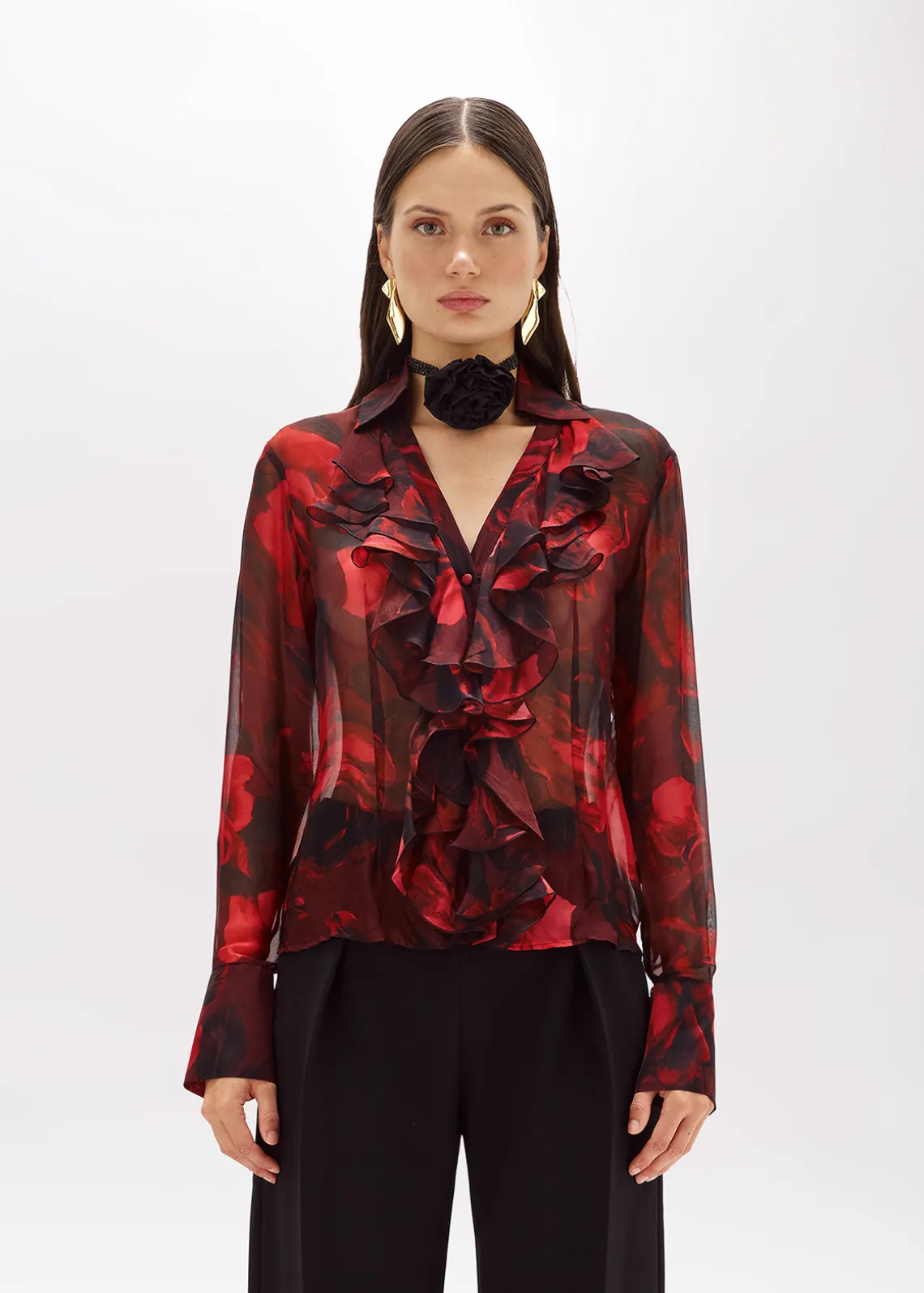 SILK-BLEND RUFFLE SHIRT WITH ROSES