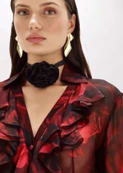 SILK-BLEND RUFFLE SHIRT WITH ROSES