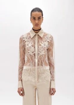 SLIM SHIRT IN LACE WITH EMBROIDERY ROSE DESIGN