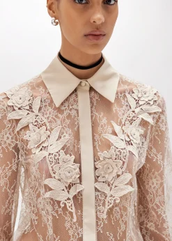 SLIM SHIRT IN LACE WITH EMBROIDERY ROSE DESIGN