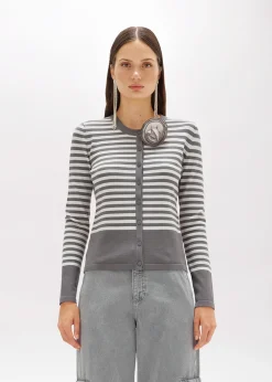 STRIPED CARDIGAN WITH ROSE BROOCH