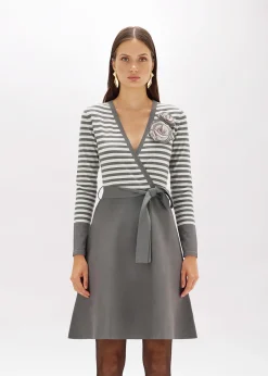 STRIPED DRESS WITH ROSE BROOCH