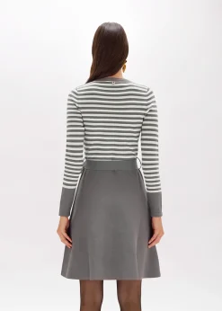 STRIPED DRESS WITH ROSE BROOCH