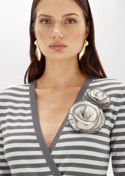 STRIPED DRESS WITH ROSE BROOCH