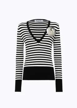 STRIPED SWEATER WITH ROSE BROOCH