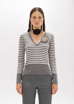 STRIPED SWEATER WITH ROSE BROOCH