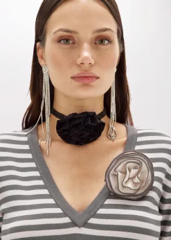 STRIPED SWEATER WITH ROSE BROOCH