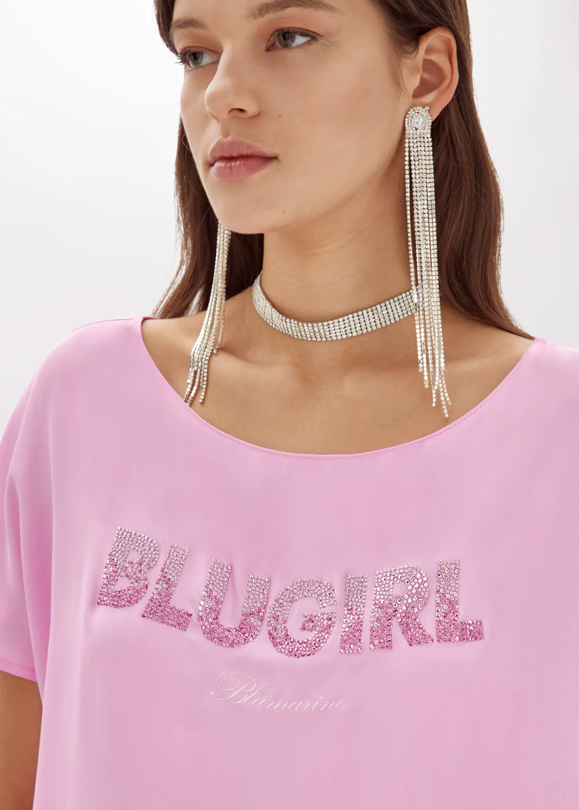 T-shirt in crêpe de Chine with logo and studs