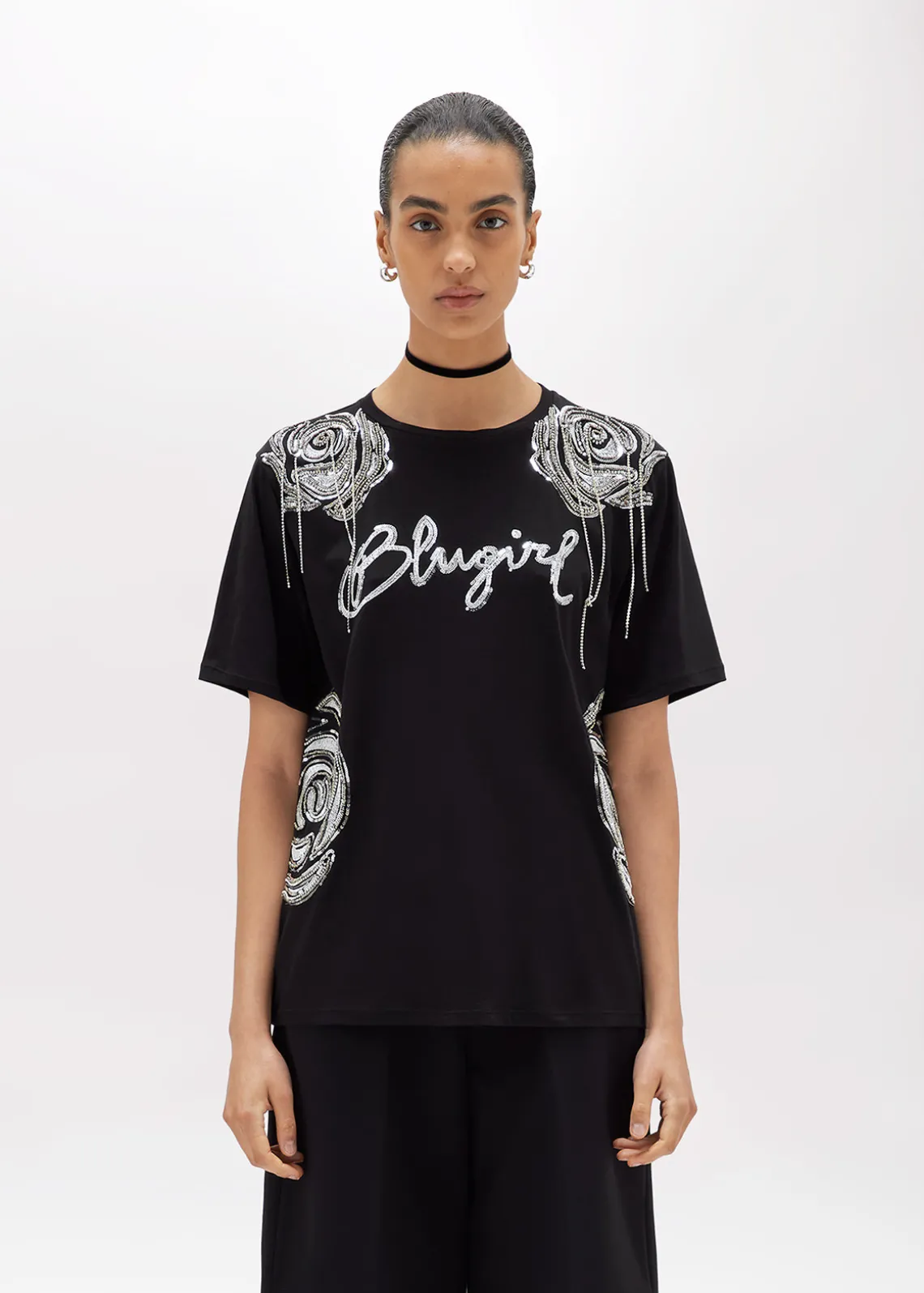 T-SHIRT WITH LOGO AND EMBROIDERY ROSES