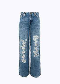 WIDE LEG JEANS WITH RHINESTONE RIVETS